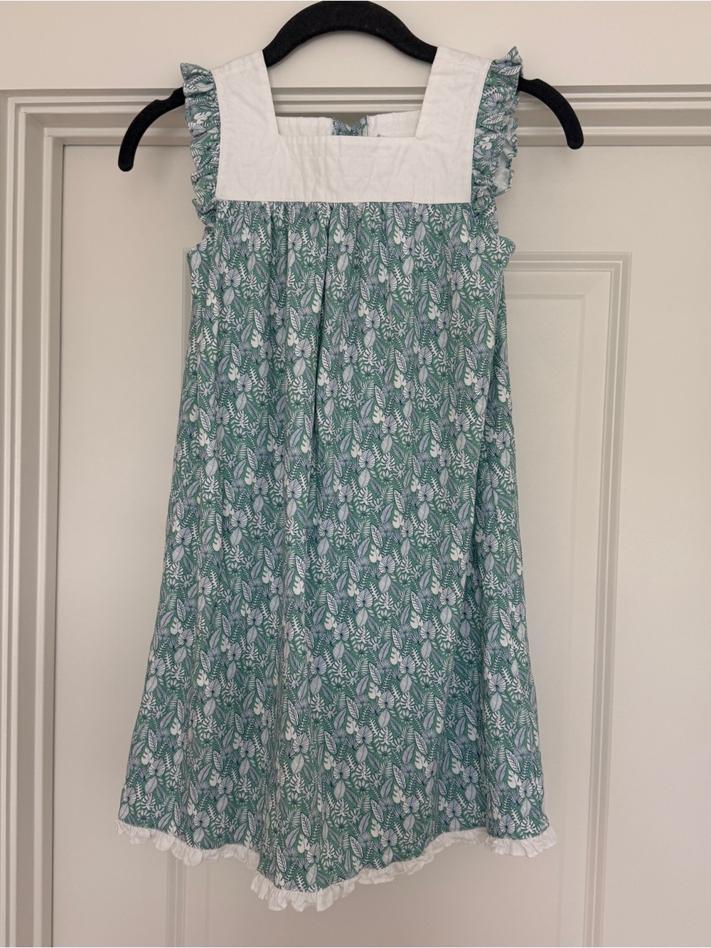 Girls' Green Floral Square-Yoke Sundress with White Trim